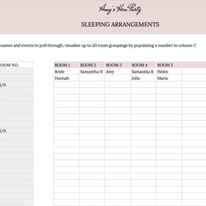 Pu&ograve; includere: Un foglio di calcolo per l'addio al nubilato di Amy, intitolato "Sleeping Arrangements". Elenca gli ospiti, gli eventi e i numeri delle stanze. Il documento include il logo Catsfield Creations.