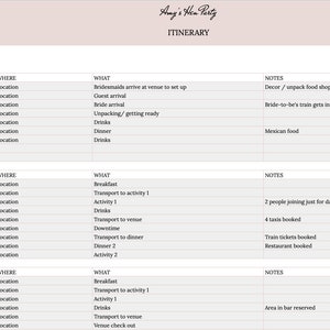 Pu&ograve; includere: Un itinerario rosa per l'addio al nubilato di Amy, con un'intestazione e tre giorni di eventi programmati. Il documento include orari, luoghi, attivit&agrave; e note. Il logo Catsfield Creations si trova in alto a sinistra.