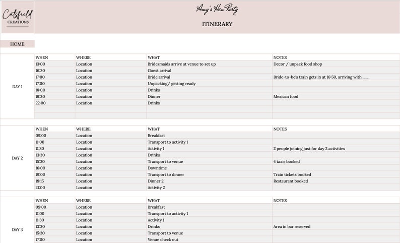 Pu&ograve; includere: Un itinerario rosa per l'addio al nubilato di Amy, con un'intestazione e tre giorni di eventi programmati. Il documento include orari, luoghi, attivit&agrave; e note. Il logo Catsfield Creations si trova in alto a sinistra.