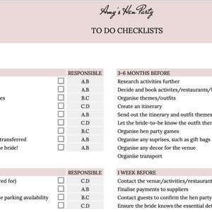 Pu&ograve; includere: Un elenco di controllo stampabile per la pianificazione del matrimonio intitolato "Amy's Hen Party" con un design rosa chiaro e bianco. L'elenco di controllo include sezioni per le attivit&agrave; da completare da 6 mesi a 1+ anno, 3-6 mesi, 1-3 mesi e 1 settimana prima dell'evento.