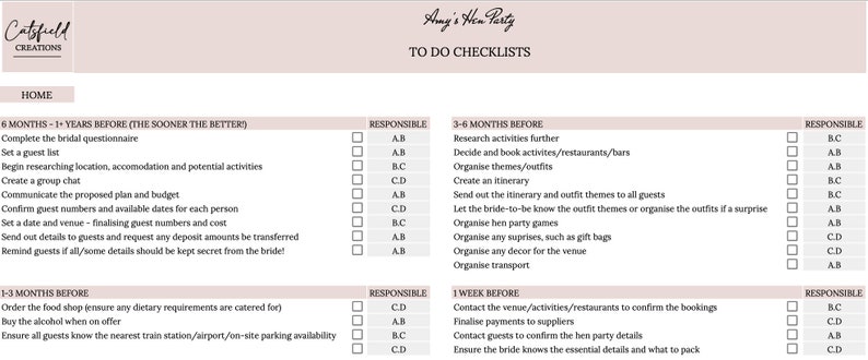 Pu&ograve; includere: Un elenco di controllo stampabile per la pianificazione del matrimonio intitolato "Amy's Hen Party" con un design rosa chiaro e bianco. L'elenco di controllo include sezioni per le attivit&agrave; da completare da 6 mesi a 1+ anno, 3-6 mesi, 1-3 mesi e 1 settimana prima dell'evento.