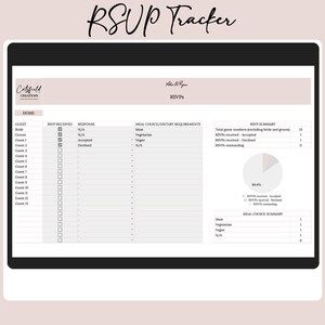 以下が含まれることがあります： 淡いピンクと白のデザインのデジタル RSVP トラッカー。ゲスト名、RSVP ステータス、食事の好みのセクションが含まれています。「RSVP Tracker」というタイトルは筆記体で書かれています。