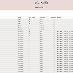Pu&ograve; includere: Una lista della spesa intitolata "Amy's Hen Party" con un'intestazione rosa chiaro. La lista include articoli come sacchetti regalo, Prosecco e generi alimentari, con quantit&agrave; e fonti. Sono disponibili caselle di controllo per l'ordine e la consegna.