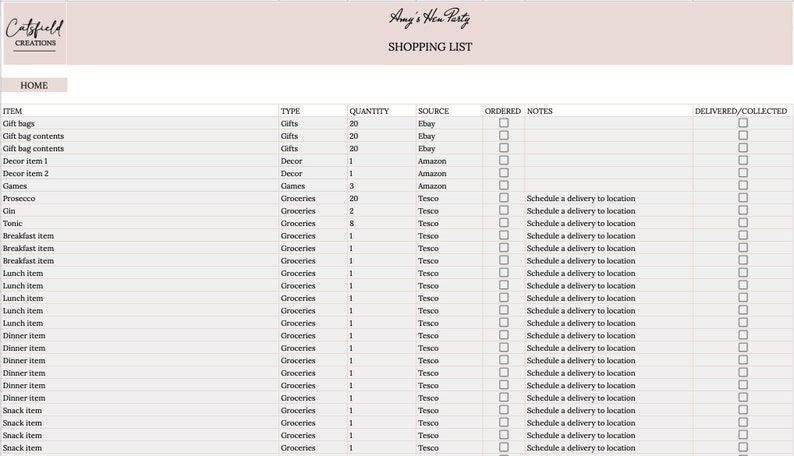 Pu&ograve; includere: Una lista della spesa intitolata "Amy's Hen Party" con un'intestazione rosa chiaro. La lista include articoli come sacchetti regalo, Prosecco e generi alimentari, con quantit&agrave; e fonti. Sono disponibili caselle di controllo per l'ordine e la consegna.