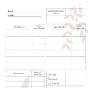 May include: A printable daily tracker for tracking meals, snacks, beverages, water intake, exercise, bowel movements, symptoms, cravings, aversions, energy levels, and sleep. The tracker has a simple design with a light brown background and a floral design.