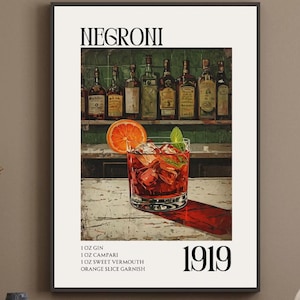 Póster vintage de cóctel Negroni: arte mural retro para bar, impresión ilustrada con receta de Negroni, decoración con bebidas de mediados de siglo