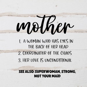 May include: A white wood background with black text that reads "mother" and a definition of the word. The definition reads: "1. A woman who has eyes in the back of her head. 2. Coordinator of the chaos. 3. Her love is unconditional. See also: Superwoman, strong, not your maid."