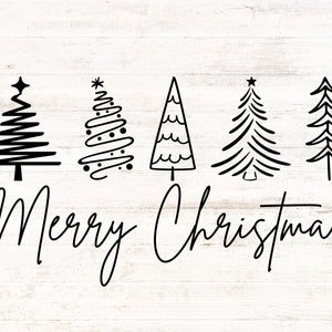 May include: A white wood background with five black and white stylized Christmas trees and the text "Merry Christmas".