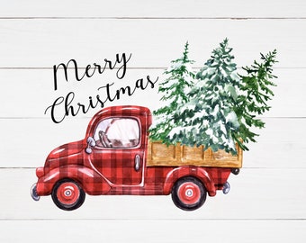 Merry Christmas Buffalo Plaid Truck  - Sublimation PNG Digital Download