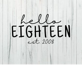 Hello Eighteen - est. 2008 Birthday SVG/PNG Digital Design