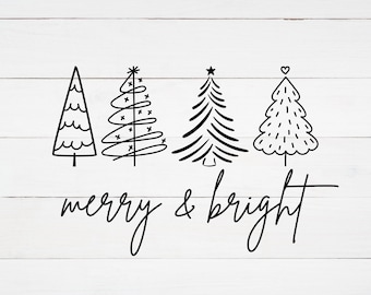May include: Four black and white stylized Christmas trees with the text "merry & bright" below them on a white wood background.