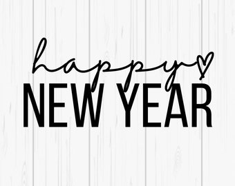 May include: Black and white graphic text on a white wood background. The text reads "happy" in cursive with a heart symbol and "NEW YEAR" in bold letters.