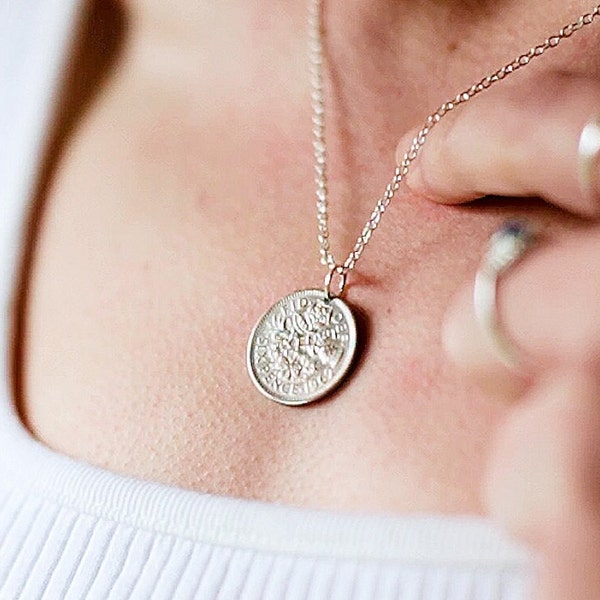 Sixpence Coin Necklace - Genuine Antique English Sixpence Pendant - Silver Vintage Lucky Sixpence - Classic, Minimal Design