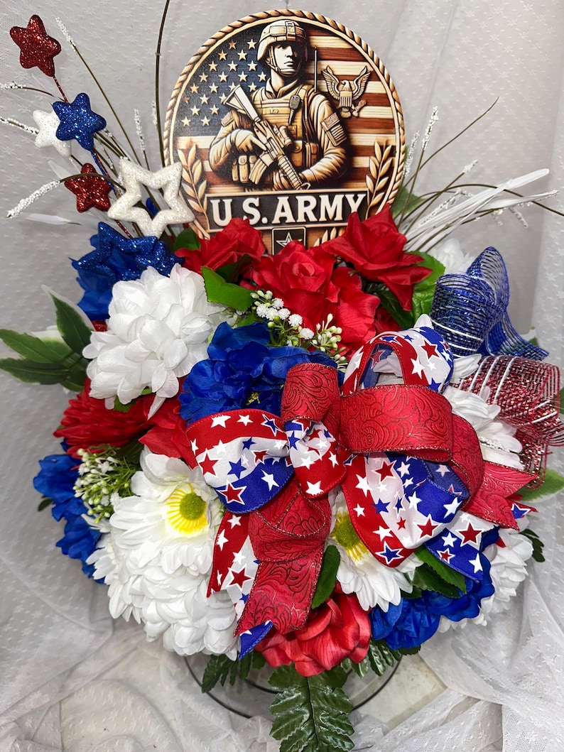 Army Red White and Blue Cemetery Gravesite Vase Flower Arrangement - Etsy