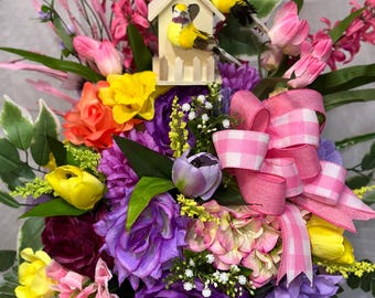 Vibrant Spring Birds and Birdhouse cemetery Arrangement Cemetery gravesite
