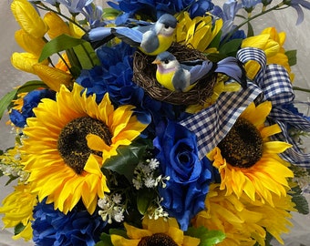 Fall Sunflowers and Shades of Blue Cemetery vase Cemetery gravesite Arrangement