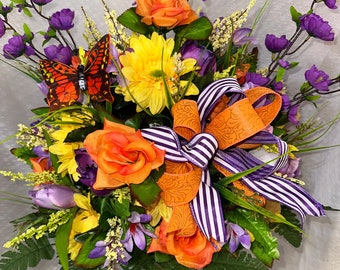 Mausoleum Orange and Purple Monarch  Cemetery Memorial  arrangement