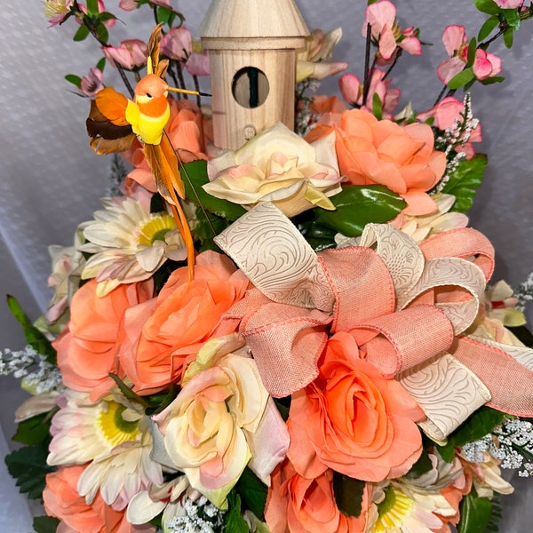NEW!  Peach Hummingbird Cemetery Vase floral arrangement