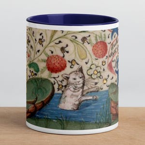 Grumpy Wet Medieval Cat Mug (dark blue)