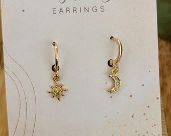 Star and Moon Huggie Earrings