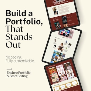 May include: Three digital tablets displaying portfolio website designs. The text on the tablets includes "Zoe Klein-Johnson's Creative Marketing" and "Build a Portfolio, That Stands Out." The Canva logo is visible at the bottom.