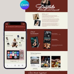 May include: A website portfolio on a tablet and phone, showcasing Zoe Klein-Johnson's creative marketing services. The design features a maroon background with white text and photos. A pink digital camera is displayed on the phone.