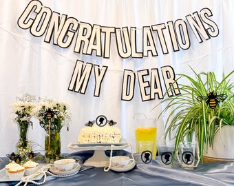 Bridgerton Party Kit Including Cake Topper, Banner, Cupcake Toppers, Centerpieces, and Cups for Bridal, Wedding, and Baby Showers