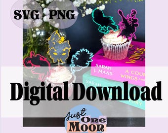 May include: A digital download featuring SVG and PNG files of cupcake toppers with silhouettes of birds and fantasy figures. The image displays two cupcakes topped with these designs, placed near books titled A Court of Wings and Ruin and A Court of Mist and Fury, with the text Just One Moon at the bottom.