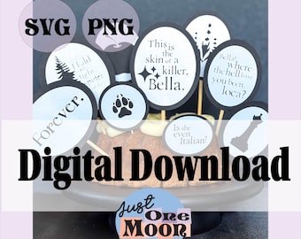 May include: A set of black and white circular cupcake toppers featuring text and graphics including "This is the skin of a killer, Bella.", "Forever.", "Bella! where the hell have you been, loca?", "Is she even, Italian?", a paw print, a tree, and a chess piece.
