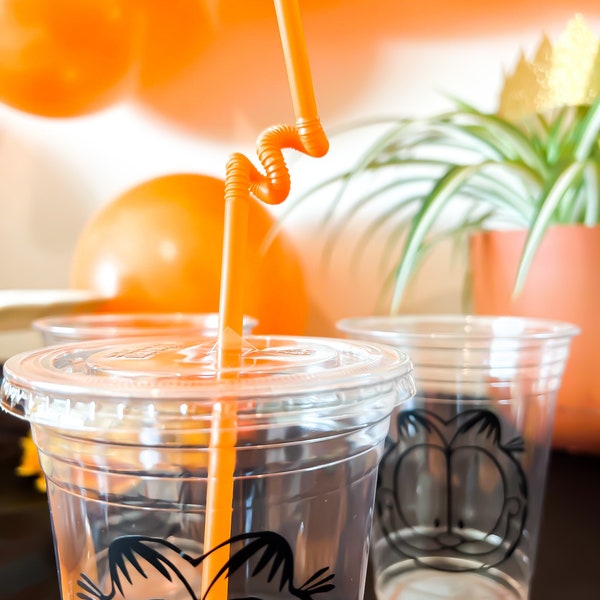 Garfield Inspired Plastic Party Cups with Optional Lid and Straw for Birthday Parties, Events, or Mondays