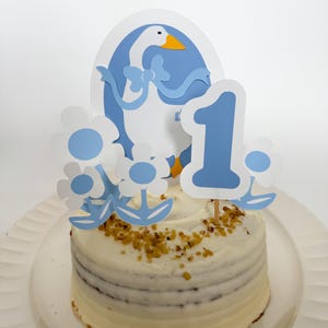 Handmade Blue and White Vintage Style Silly Country Goose Cake Topper Set for Birthdays, Baby Showers, or Bridal Showers
