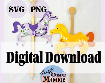 May include: Two carousel horse cutouts attached to vertical gold sticks. One horse is light purple with white floral accents and a dark purple saddle. The other is yellow with orange accents. Text includes SVG, PNG, Digital Download, and Just One Moon.