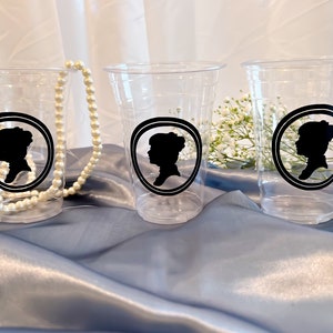 Bridgerton Lady Whistledown Regency Era Cameo Plastic Party Cups with Optional Lid // 18 Colors Available