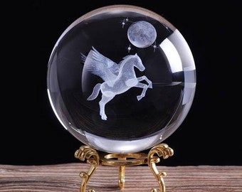 Laser Engraved Unicorn Crystal Ball 3D Miniature Model Crystal Craft Sphere Glass Pegasus Decoration Ornament Accessories Birthday Gift