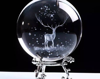 3d Elk Deer Crystal Ball, Laser Etched Glass Ball, Elk Miniature Ornament, Reindeer Home Decoration, Christmas Glass Sphere Paperweight