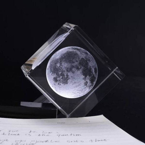 Laser Engraved Moon Crystal Cube Laser Engraved Moon Model Crystal Paperweight 3D Glass Image Gifts Miniature Sculpture Souvenir Home Decor