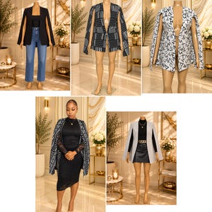 May include: A collection of five sleeveless cape blazers displayed on mannequins. The garments feature various designs including solid black, black and white geometric patterns, and a light gray option, all styled with open fronts and arm slits.