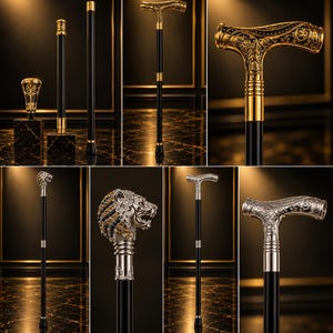 May include: A collection of walking sticks featuring black shafts with gold or silver accents. Some handles are T-shaped with intricate floral engravings, while others feature a detailed lion head design with embedded dark and light stones.