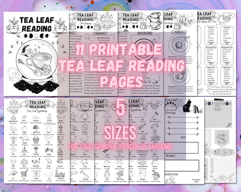 Tea Leaf Reading Set For Beginners, Basics Of Fortune Telling Kit, Grimoire Pages, Book Of Shadows Pages, Witchy Tea Cup Guide image 1