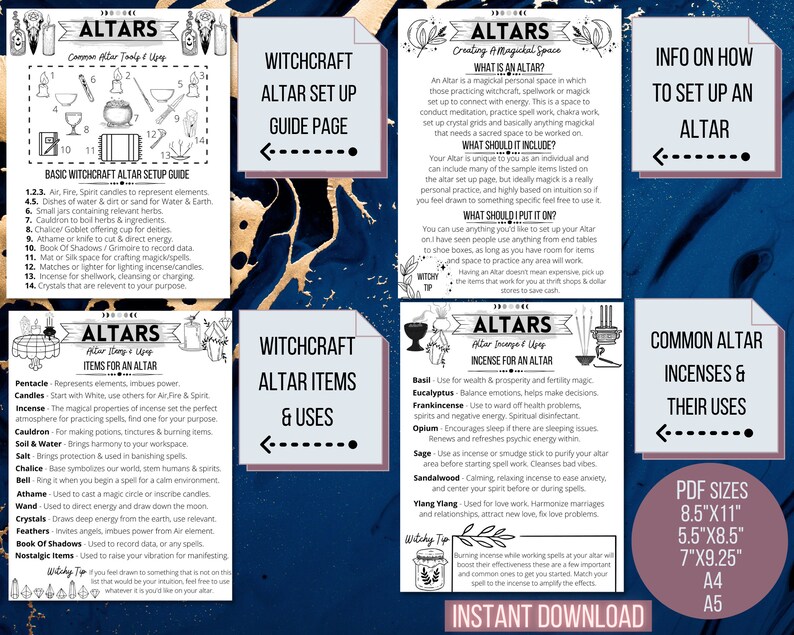 K&ouml;nnte beinhalten: Ein druckbarer Leitfaden zum Einrichten eines Hexenaltars. Der Leitfaden enth&auml;lt eine Liste g&auml;ngiger Altarwerkzeuge und ihrer Verwendung sowie Informationen zum Einrichten eines Altars und welche Gegenst&auml;nde darin enthalten sein sollten. Der Leitfaden enth&auml;lt auch eine Liste g&auml;ngiger Altarr&auml;ucherwerke und ihrer Verwendung. Der Leitfaden ist in einem Schwarz-Wei&szlig;-Farbschema mit einem Vintage-Look gehalten.