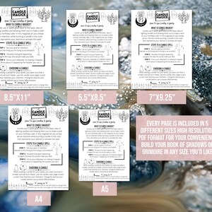 K&ouml;nnte beinhalten: F&uuml;nf druckbare Seiten mit Anweisungen zur Verwendung von Kerzenmagie. Die Seiten sind in Schwarzwei&szlig; mit handgezeichneten Illustrationen. Die Seiten sind mit verschiedenen Gr&ouml;&szlig;en beschriftet: 8,5 Zoll x 11 Zoll, 5,5 Zoll x 8,5 Zoll, 7 Zoll x 9,25 Zoll, A4 und A5. Der Text auf den Seiten enth&auml;lt den Titel "Candle Magick" und den Satz "How to Use Candle Magick Simply".