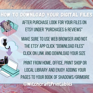 K&ouml;nnte beinhalten: Eine rosa-blaue Grafik mit Anweisungen zum Herunterladen digitaler Dateien von Etsy. Die Grafik enth&auml;lt eine Katze, einen Mond, einen Einkaufswagen und einen Drucker. Der Text lautet: "HOW TO DOWNLOAD YOUR DIGITAL FILES AFTER PURCHASE LOOK FOR YOUR FILES ON ETSY UNDER "PURCHASES & REVIEWS" MAKE SURE TO USE WEB BROWSER AND NOT THE ETSY APP CLICK "DOWNLOAD FILES" CLICK ON LINK AND DOWNLOAD YOUR SIZE PRINT FROM HOME, OFFICE, PRINT SHOP OR LOCAL LIBRARY AND ENJOY ADDING YOUR PAGES TO YOUR BOOK OF SHADOWS/GRIMOIRE @WitchcraftPrintables"