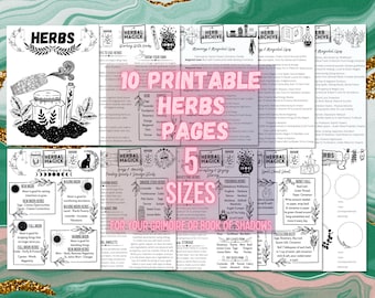 May include: Printable pages with illustrations and text about herbs and their magical uses. The pages are designed for a grimoire or book of shadows. The pages are in black and white with a whimsical style.