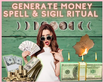 May include: A woman in sunglasses holds a fan of US dollar bills.  A stack of bills, a pile of gold coins, and four lit candles are in the foreground.  A sigil is burning on a piece of paper behind the candles.  The text "GENERATE MONEY SPELL & SIGIL RITUAL" is at the top of the image.