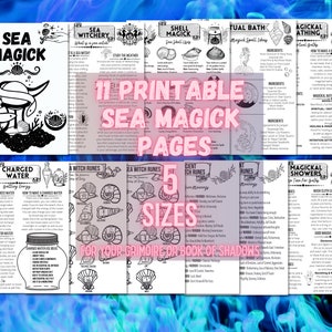Op de afbeelding: Zwart-wit afdrukbare pagina's met de tekst "Sea Magick" en illustraties van schelpen, runen en andere mystieke elementen. De pagina's zijn beschikbaar in 5 formaten voor je grimoire of boek der schaduwen.