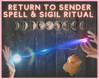 May include: A dark wooden background with a blue and red energy beam shooting from one hand to another. The hands are holding a piece of paper with a sigil on it. The text "RETURN TO SENDER SPELL & SIGIL RITUAL" is at the top of the image. There are eight moon phases in a row above the hands.