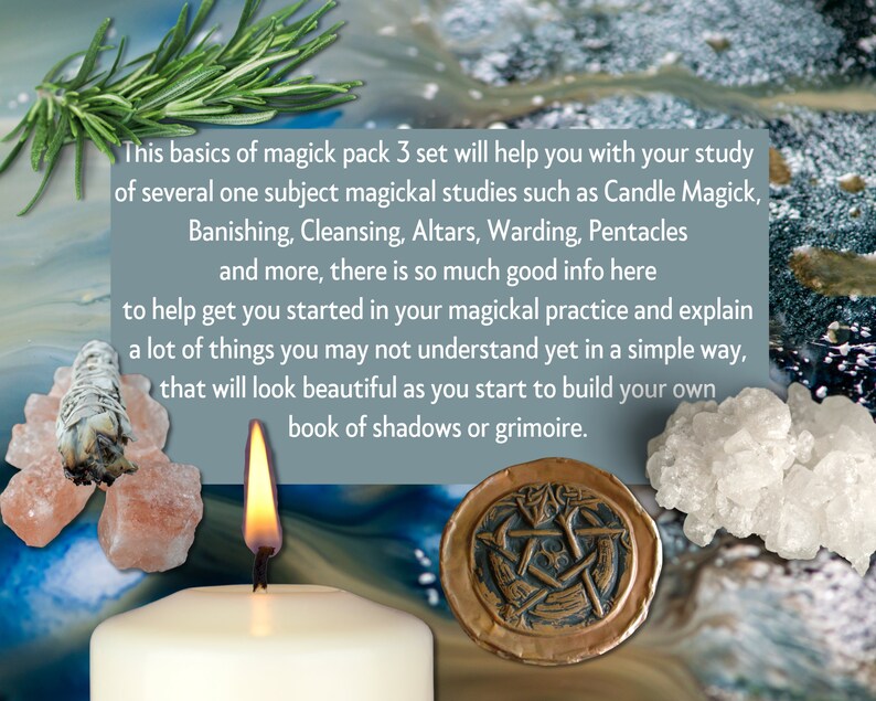 K&ouml;nnte beinhalten: Ein Set mit drei magischen Grundlagen f&uuml;r Kerzenmagie, Bannung, Reinigung, Alt&auml;re, Schutz und Pentagramme. Das Bild zeigt eine brennende Kerze, einen Haufen wei&szlig;en Salzes, einen Haufen rosa Salzes, ein Salbeib&uuml;ndel und ein Pentagramm aus Kupfer. Der Text lautet: "Dieses magische Grundset mit 3 Teilen hilft dir bei deinem Studium verschiedener magischer Themen wie Kerzenmagie, Bannung, Reinigung, Alt&auml;re, Schutz und Pentagramme, und vieles mehr. Es gibt so viele gute Informationen hier, um dir den Einstieg in deine magische Praxis zu erleichtern und viele Dinge zu erkl&auml;ren, die du vielleicht noch nicht verstehst, und das auf einfache Weise. Das wird wundersch&ouml;n aussehen, wenn du anf&auml;ngst, dein eigenes Schattenbuch oder Grimoire zu erstellen."