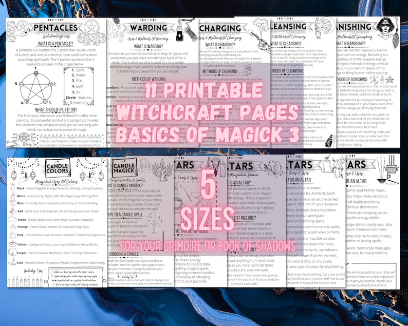 K&ouml;nnte beinhalten: Druckbare Hexen-Seiten mit dem Titel "Basics of Magick 3" und Illustrationen von Pentagrammen, Kerzen, Sternen und Alt&auml;ren. Die Seiten sind in f&uuml;nf Gr&ouml;&szlig;en erh&auml;ltlich.