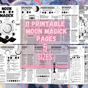 Op de afbeelding: Printbare zwart-wit maanmagiepagina's in 11 verschillende ontwerpen. De pagina's bevatten illustraties van manen, sterren en andere hemellichamen. De tekst op de pagina's bevat de woorden "Moon Magick" en "11 Printable Moon Magick Pages".