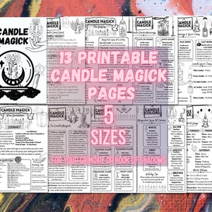 May include: Printable candle magic pages in five sizes for your grimoire or book of shadows. The pages feature black and white illustrations of candles, moons, and other magical symbols. The pages include information on candle colours, types of flames, and how to use candles for magic.